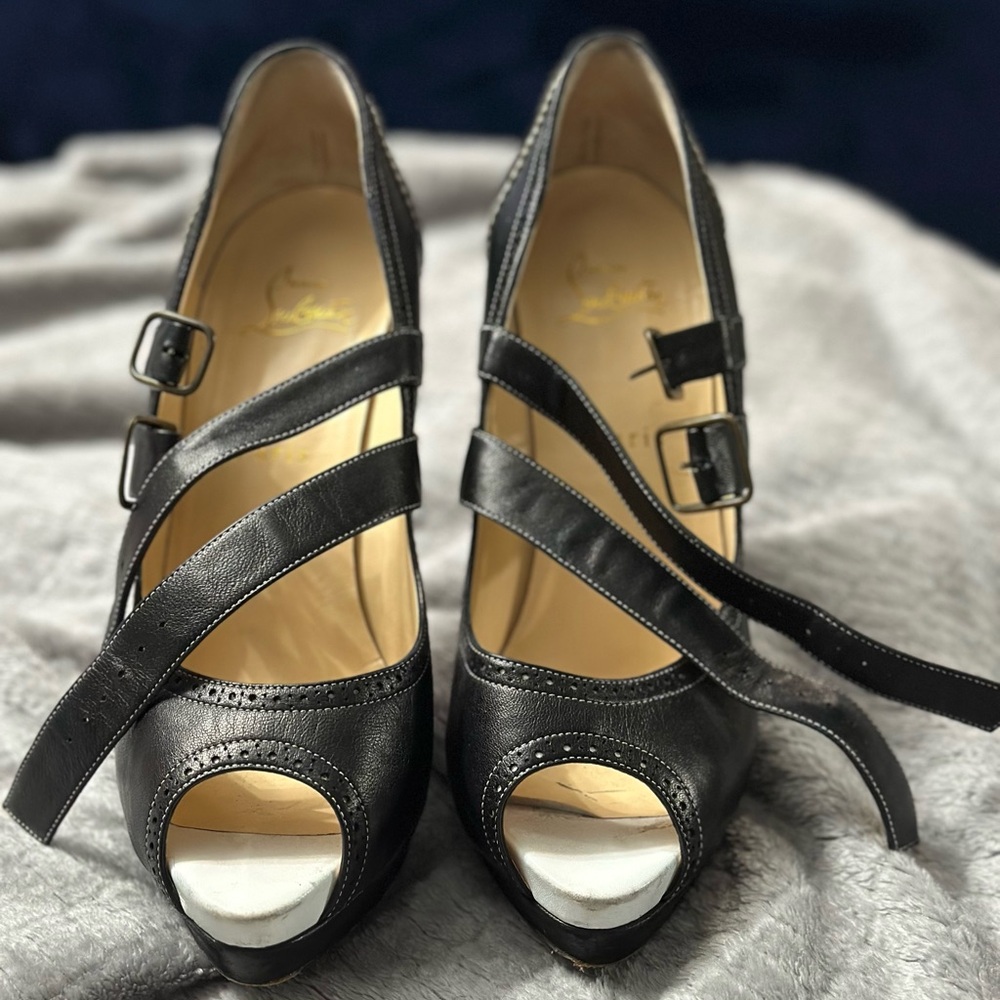 Christian Louboutin Black Strappy Peep-Toe Heels- used but in good condition